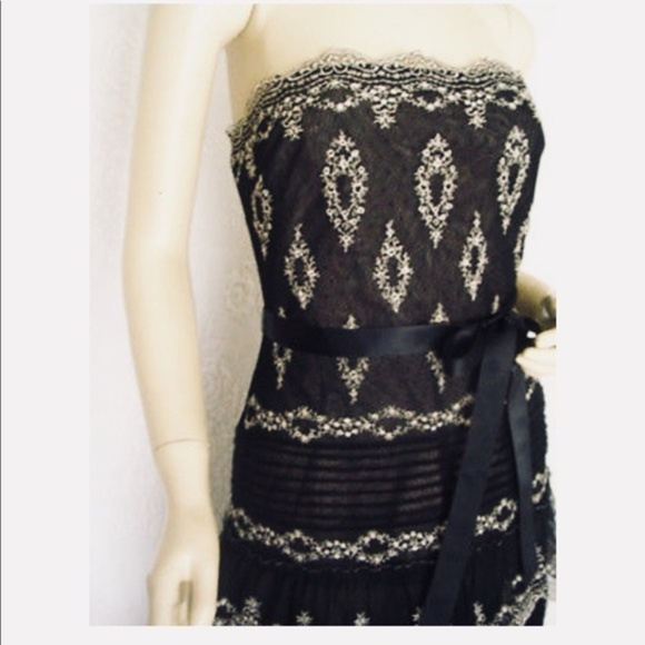 BCBGMaxazria |Tiered Black & Ivory Strapless Dress - Picture 4 of 8
